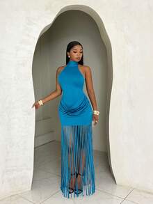 BamGleam Women's Sexy Vacation-Style Backless Lace-Up Blue Designer Camisole Dress - Blue - View 4