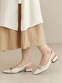 女士新款时尚舒适优雅尖头无后跟绑带粗跟一脚蹬高跟鞋，适合搭配连衣裙，显瘦 - 米色 - 查看 3