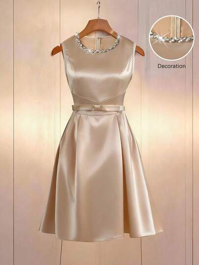 Franclia Women's Elegant Luxury Design Rhinestone Chain Splice Round Neck Sleeveless Waist Tie Bow Decor Short A-Line Satin Dress, Spring/Summer