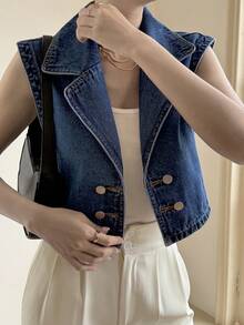 Livesso Áo sơ mi denim không tay dáng rộng dành cho nữ có cổ - Màu xanh lam - Xem 5