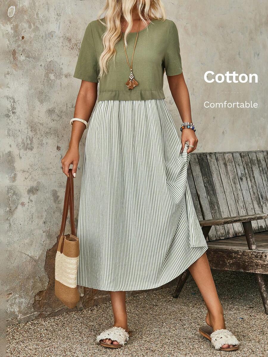 EMERY ROSE 女式夏季条纹圆领短袖休闲中长连衣裙 - 綠色 - 查看 1