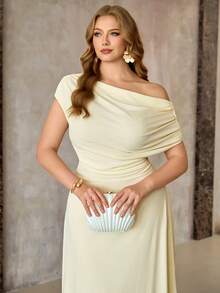 Roveilla 大码休闲优雅不对称肩部不对称下摆度假连衣裙，春夏款 - 黃色 - 查看 4