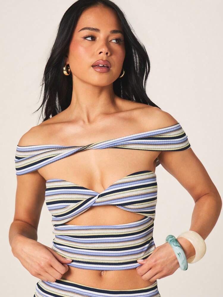 MISSGUIDED Striped Ribbed Twist Front Off Shoulder Crop Top And Mini Skirt Two Piece Coord Set Summer Outfit