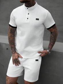 Manfinity Homme Men's White Textured Jacquard Short Sleeve Polo Shirt And Shorts Set,White And Black Summer Streetwear Vacation Button Collared Polo Shirt Set - White - View 1
