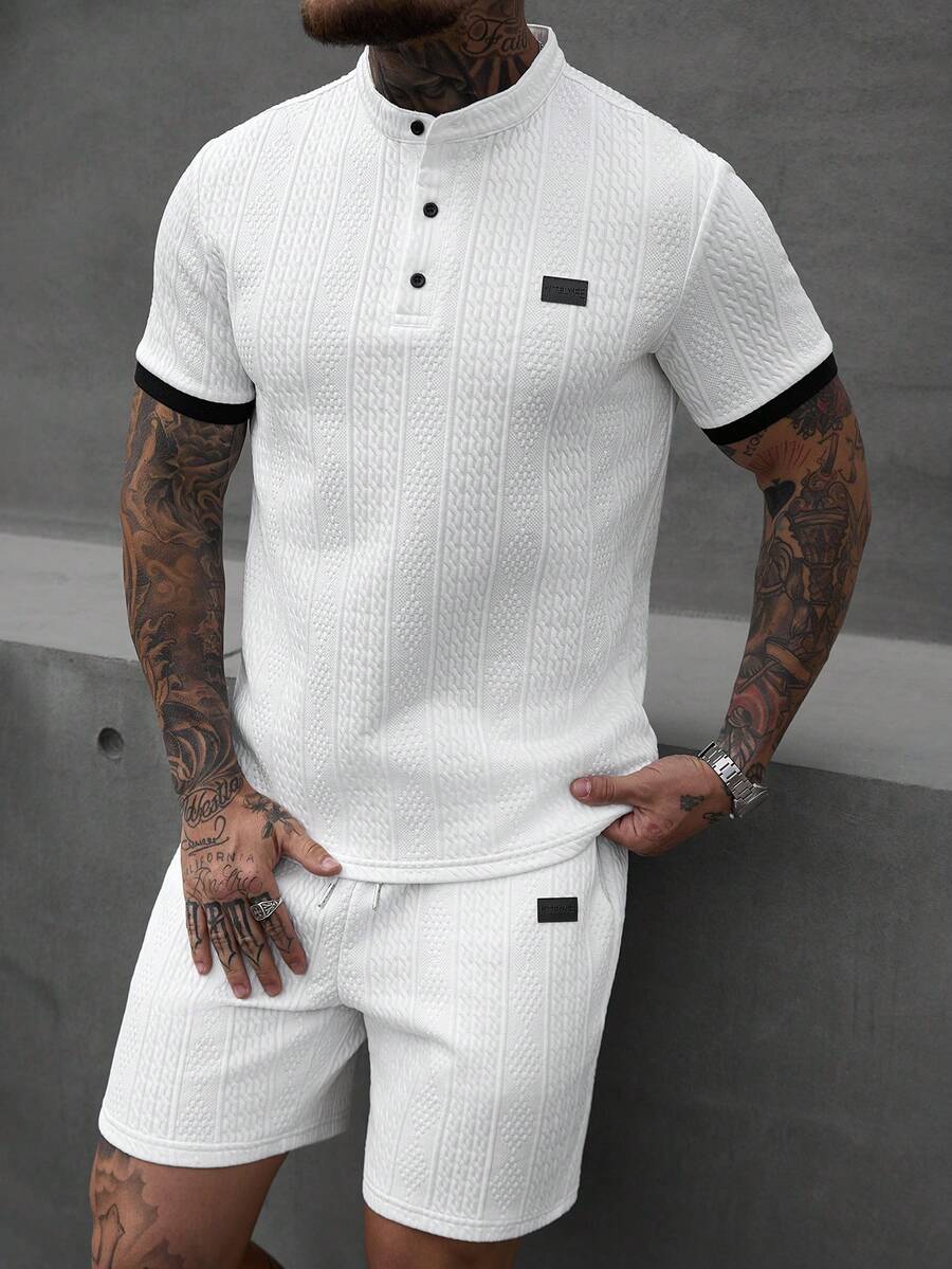 Manfinity Homme Men's White Textured Jacquard Short Sleeve Polo Shirt And Shorts Set,White And Black Summer Streetwear Vacation Button Collared Polo Shirt Set - White - View 1
