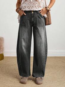 SHEIN PETITE Quần jeans ống loe rách nhẹ, phong cách thường ngày dành cho nữ, thích hợp cho kỳ nghỉ. - Xám - Xem 2