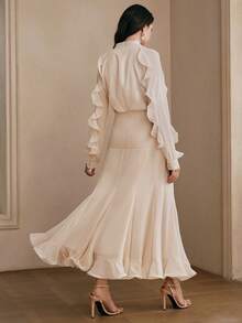 Đầm dự tiệc mùa hè mới của Anewsta, kiểu dáng lãng mạn, cổ chữ V, chất liệu chiffon, tay dài, xếp ly, phối họa tiết, dáng xòe, chất liệu patchwork, dành cho nữ. - Màu be - Xem 2