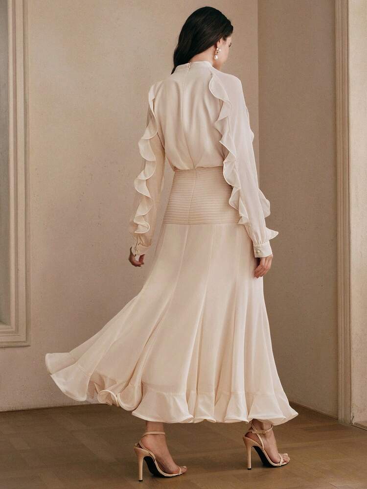 Anewsta Summer New V-Neck Romantic Chiffon Ruffle Trim Long Sleeve Patchwork Bodycon Flare Hem Dress, Elegant Party Dress For Petite Women