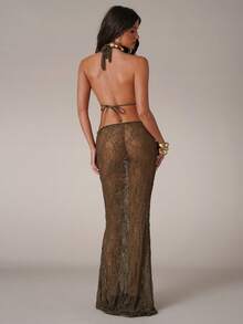 SHEIN BAE 女士蕾丝吊带露背上衣和迷你裙性感沙滩罩衫套装 - 綠色 - 查看 2