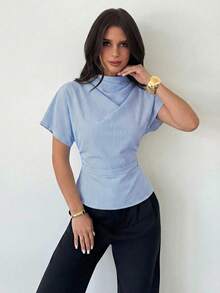 Firerie Blusa de bambú y lino de color albaricoque con cuello arrugado, mangas asimétricas, fruncido lateral y cintura ceñida, para uso diario, para todas las estaciones - Azul y blanco - Ver 3