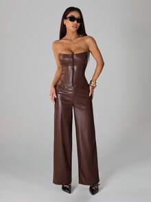 SHEIN PETITE 女士PU皮露脐上衣和阔腿裤两件套，休闲性感秋季女装，棕色皮裤，女士无肩带上衣，棕色皮衣套装，皮质束身衣，棕色无肩带束身衣 - 酒紅色 - 查看 8