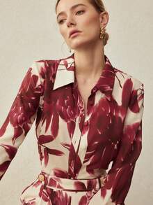 MOTF PREMIUM LINEN MINIMALIST FLORAL PRINT FITTED SHIRT, SPRING/SUMMER - Burgundy - View 8