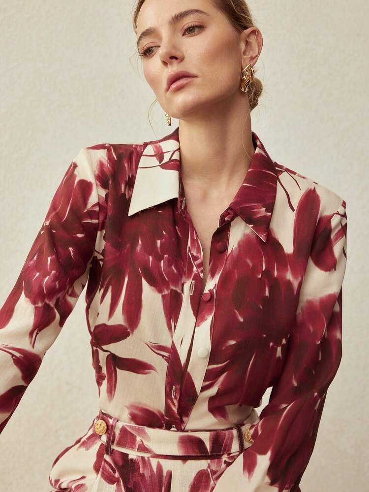 LINEN MINIMALIST FLORAL PRINT FITTED SHIRT, SPRING/SUMMER