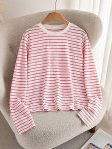 CosyJoli Plus Size French Style Hollow-Out Bow Striped Knit Sweater - Hot Pink - View 1