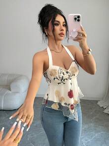 Rafferiza 女士优雅花卉刺绣不对称下摆衬衫，夏季 - 杏色 - 查看 6