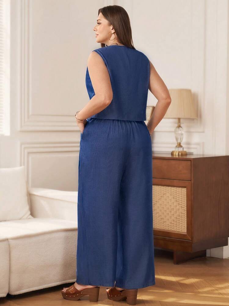 2pc Set  Plus Size Women's Summer Casual Vacation Country  Solid Color Faux Denim Blue Sleeveless Jacket And Pants 2 Piece Set With Pockets, Spring/Summer,Summer\Vacation,Summer Holiday,Spring Break Outfits ,Vacation Outfits Women ,Holiday Outfits For Women,Going Out Outfits,2026 New Clothes,Simple And Fashionable For Everyday Wear,Suitable For Summer, Vacation, Daily Wear,Modest Two Piece Set, Plus Size Summer Sets,Plus Size Pants Set,Boho Set,Boho Pants Set For Women,Wide Leg Pants Set,2 Piece Casual Sets Woman, Two Piece Set Women Comfy,Casual Home Set, Casual Sets For Women , 2 Piece Sets Woman Elegant, Lounge Sets For Women Summer,Office Outfits For Women,, Formal Attire For Women