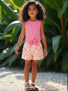 2pcs Young Girls Casual Sleeveless Top & Striped Shorts Set, Bow Design - Pink - View 7