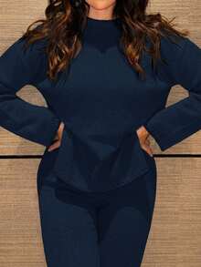MDEdit 2pcs Women's Solid Color Stand Collar Long Sleeve Pullover Top And Pants Casual Sweater Set Fall Winter Cloth For Women - Navy Blue - View 4
