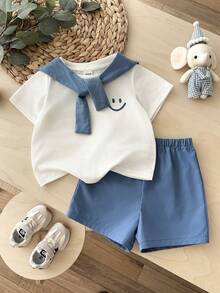 LMoss Kids Bộ 3 món cho bé trai gồm áo thun cổ tròn màu trơn, khăn choàng và quần short dệt kim. - Nhiều màu - Xem 7