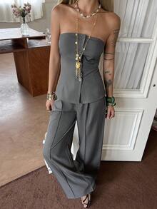 Livesso Ensemble 2 pièces Top sans bretelles unicolore et pantalon, tenue de loisirs d'été pour femmes - Gris - Voir 4