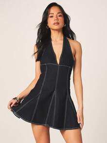 MISSGUIDED Đầm denim ngắn cổ yếm, cổ chữ V khoét sâu, đường may trắng tương phản, dáng chữ A xòe, thích hợp cho tiệc tùng mùa hè. - Màu xanh lam - Xem 6