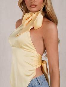 Glamine 性感露背系带蝴蝶结不对称下摆无袖缎面女式衬衫 - 黃色 - 查看 5