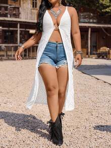 LanaWest CURVE Women's Sleeveless Hollow-Out Metal Buckle Knit Top, Spring/Summer - White - View 7