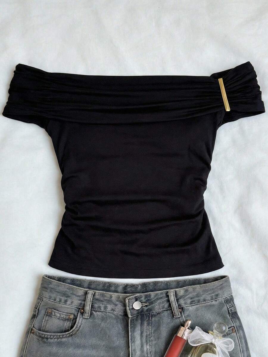 SHEIN Camiseta de punto negra con hombro asimétrico para niñas preadolescentes - Negro - Ver 1