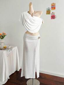 SaltGleam SaltGleam Elegant Sexy Summer Plunging Neck Ruched Metal Decor Asymmetrical Women T-Shirt - White - View 1