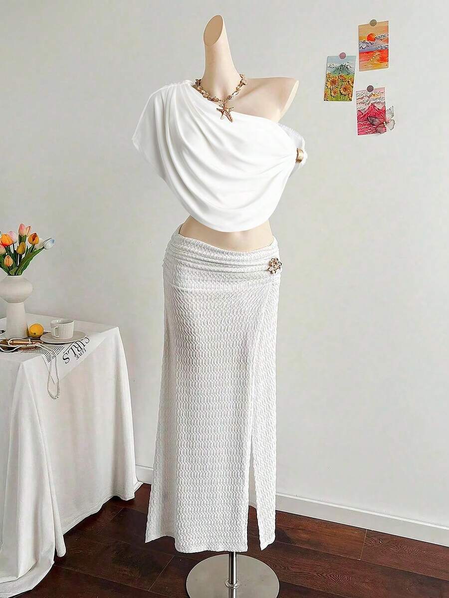 SaltGleam SaltGleam Elegant Sexy Summer Plunging Neck Ruched Metal Decor Asymmetrical Women T-Shirt - White - View 1