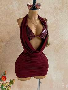 Soleia Women's Solid Color Sequin Halter Tie Ruched Sexy Mini Dress For Dates & Parties ,Summer Dress - Burgundy - View 4