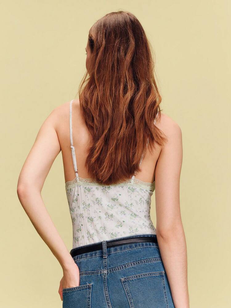 Vintage Jersey Bodysuit With Pink And Green Floral Print And Contrasting Lace Trim Cute Style Spring Summer French Style Parisian Style