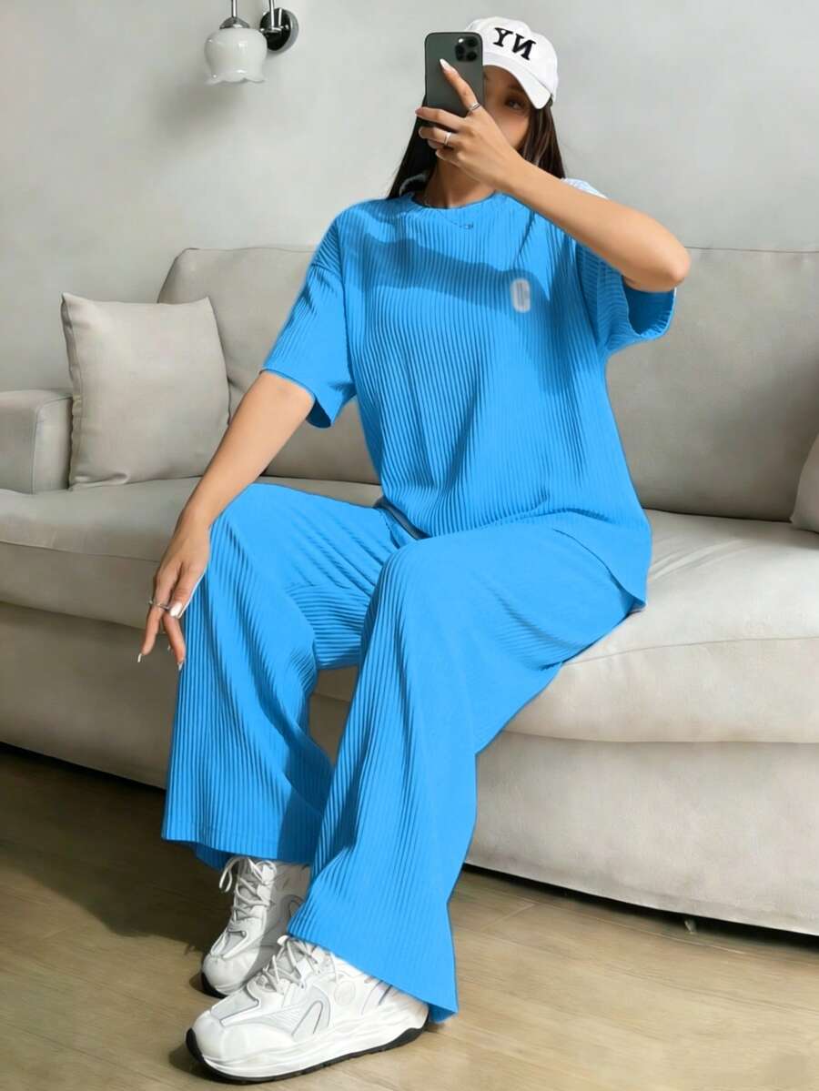 Conjunto informal de dos piezas, elegante traje bohemio de verano para mujer, de talla grande, con top holgado y pantalones anchos holgados. - Azul - Ver 1