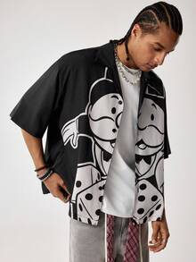 MONOPOLY X SHEIN 男士休闲卡通印花短袖衬衫，夏季 - 黑色 - 查看 4