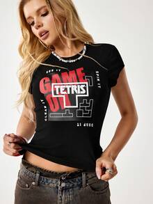Tetris™ X SHEIN Women's Letter Print Round Neck Short Sleeve Casual Versatile T-Shirt, - Black - View 1