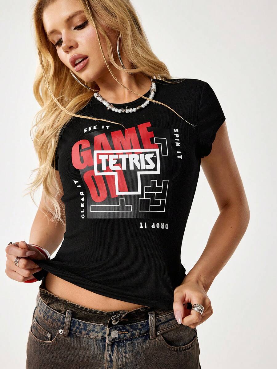 Tetris™ X SHEIN Women's Letter Print Round Neck Short Sleeve Casual Versatile T-Shirt, - Black - View 1