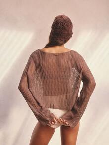 Aralina Sheer Mesh Crochet Ladder Knit Vacation Festival Drapey Summer Spring Swim Beach Cover Up Pull Over Sexy Brown - Brown - View 2