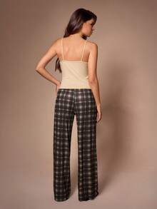 SHEIN French Lace Ribbed Camisole & Classic Plaid Wide Leg Pants Women Pajama Set - Multicolor - View 2