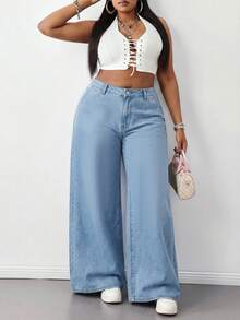 SHEIN Tall CURVE 大码浅蓝色弹力腰休闲直筒宽松牛仔裤 - 淺色水洗藍 - 查看 7