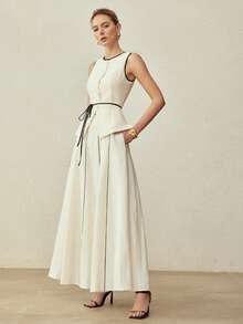 MOTF PREMIUM 2PCS SET: CONTRAST TRIM SLEEVELESS TOP AND CONTRAST TRIM SKIRT, CLASSIC ELEGANT OFFICE WEAR, SPRING/SUMMER - Beige - View 4