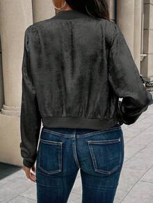 SHEIN LUNE Chaqueta de béisbol nueva de otoño con cremallera metálica dorada, puños acanalados, ajuste slim, elegante y versátil, cárdigan corto para ropa de fiesta de Año Nuevo - Negro - Ver 2