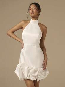 COSMINA Women's White Mini Satin Halter Neck Dress, Bubble Hem Mini Dress, Solid Color Halter Neck Casual Dress For Party, Holiday, Birthday, Wedding Guest,Summer Dresses For Women - White - View 7
