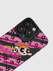 THE POWERPUFF GIRLS X SHEIN 飞天小女警花花手机壳，黑色软TPU保护套，磨砂质感，保护摄像头镜头，粉色条纹星星涂鸦印花，可爱卡通人物设计，防震保护套，日常使用及生日礼物，适合女孩和卡通迷，兼容iPhone 11/12/13/14/15/16/17 Pro Max，手机配件，快速发货 - 黑色 - 查看 7