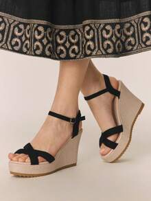 Styleloop 女士厚底坡跟凉鞋，黑色夏季露趾草编鞋，波西米亚风度假鞋罗马沙滩凉鞋，适合度假季、春夏季穿着 - 黑色布面 - 查看 5