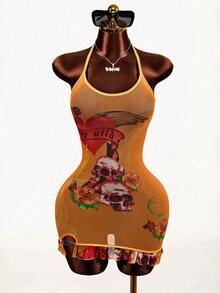 Mistrie 2026 Street Hip-Hop Mini Skirt, Y2K Style Bad Girl Style Tight Fitting Mini Mesh Dress With Skull And Rose Prints, Suitable For Women's Summer Fashion In Street And Party Outfits - Orange - View 1