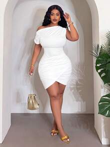 Slaydiva Elegant White Summer Plus Size Mini Dress,Night Out Club Party Wedding Graduation Date,Slim Asymmetric Sleeveless Ruched Hem Elastic Knit Fabric - White - View 5