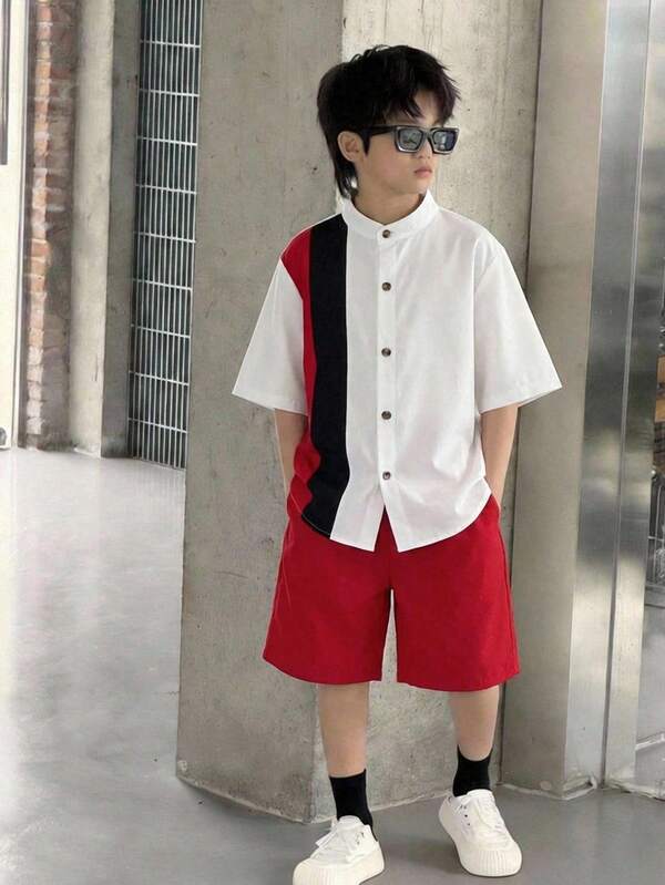 SHEIN Conjunto de 2 piezas para niño preadolescente con camisa de manga corta con cuello Mao de color contrastante y parches, y pantalones cortos con cintura elástica y bolsillo, adecuado para otoño, primavera, verano, juegos al aire libre, escuela, estilo callejero, fiestas y ocio