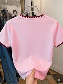 少女樱桃字母印花圆领短袖休闲T恤 - 粉色 - 查看 2