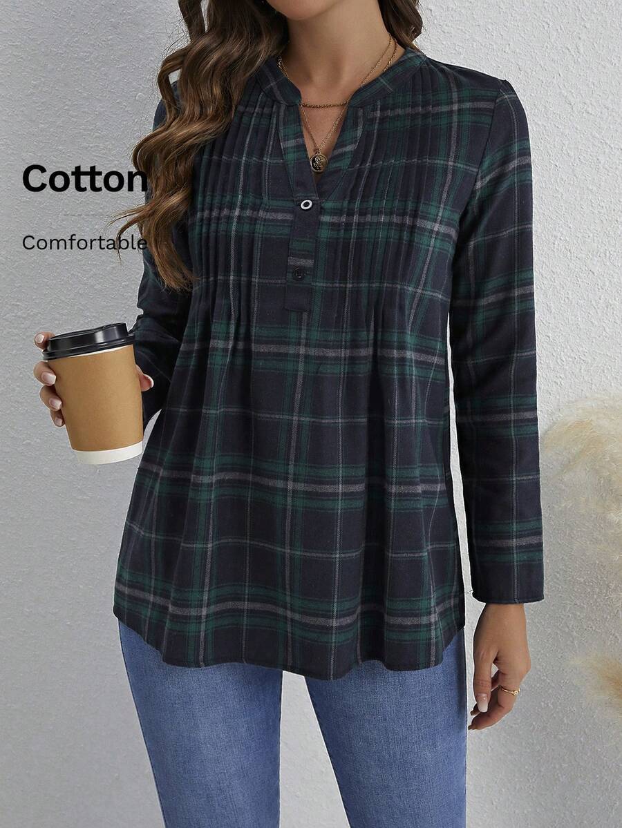 EMERY ROSE 女士格紋百褶襯衫 - 墨綠色 - 查看 1