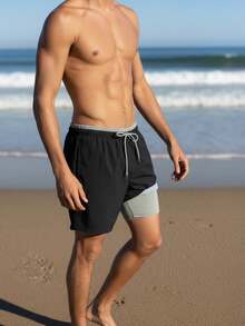 Manfinity Swimmode Quần short đi biển nam mùa hè kẻ sọc phối nhiều màu, có dây rút, màu xám, quần bơi nam, đồ bơi đi biển nam, quần short đi biển nam. - màu đen - Xem 4